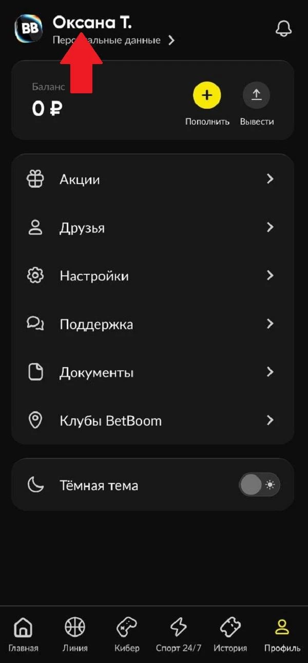 Профиль в приложении БК Бетбум