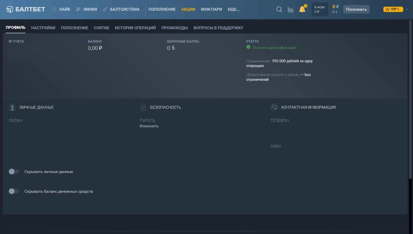 Раздел Профиль на сайте БК Балтбет