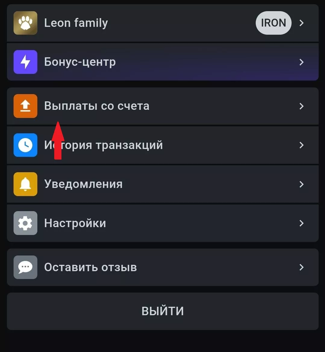 Вывод средств в личном кабинете БК Леон