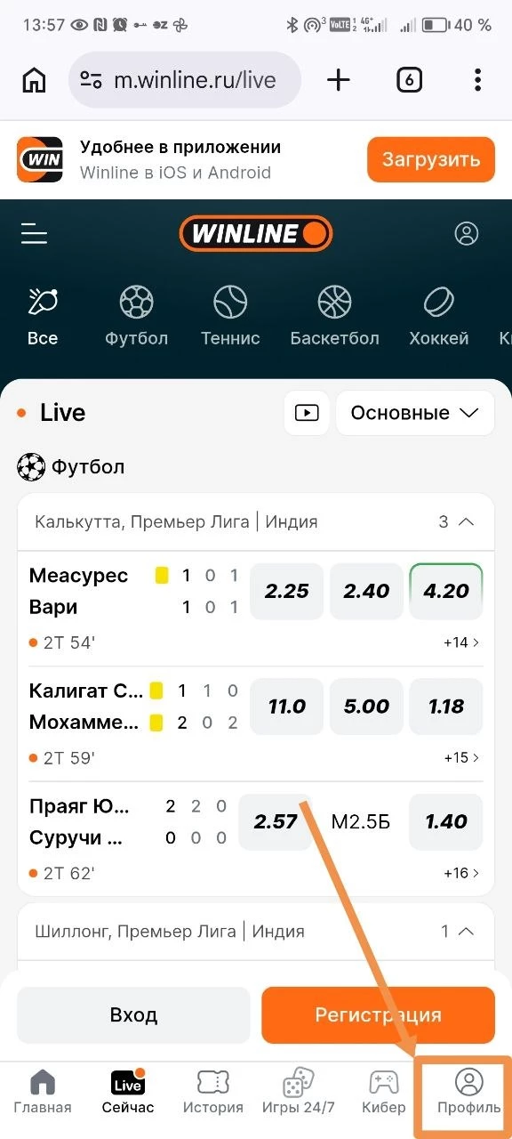 Раздел Профиль в БК Винлайн