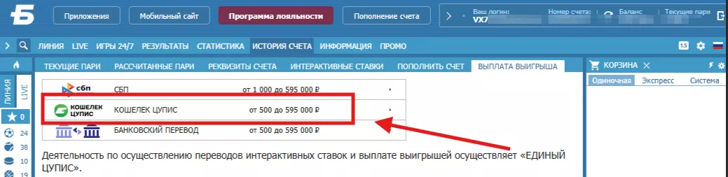Способы вывода средств в БК Бетсити