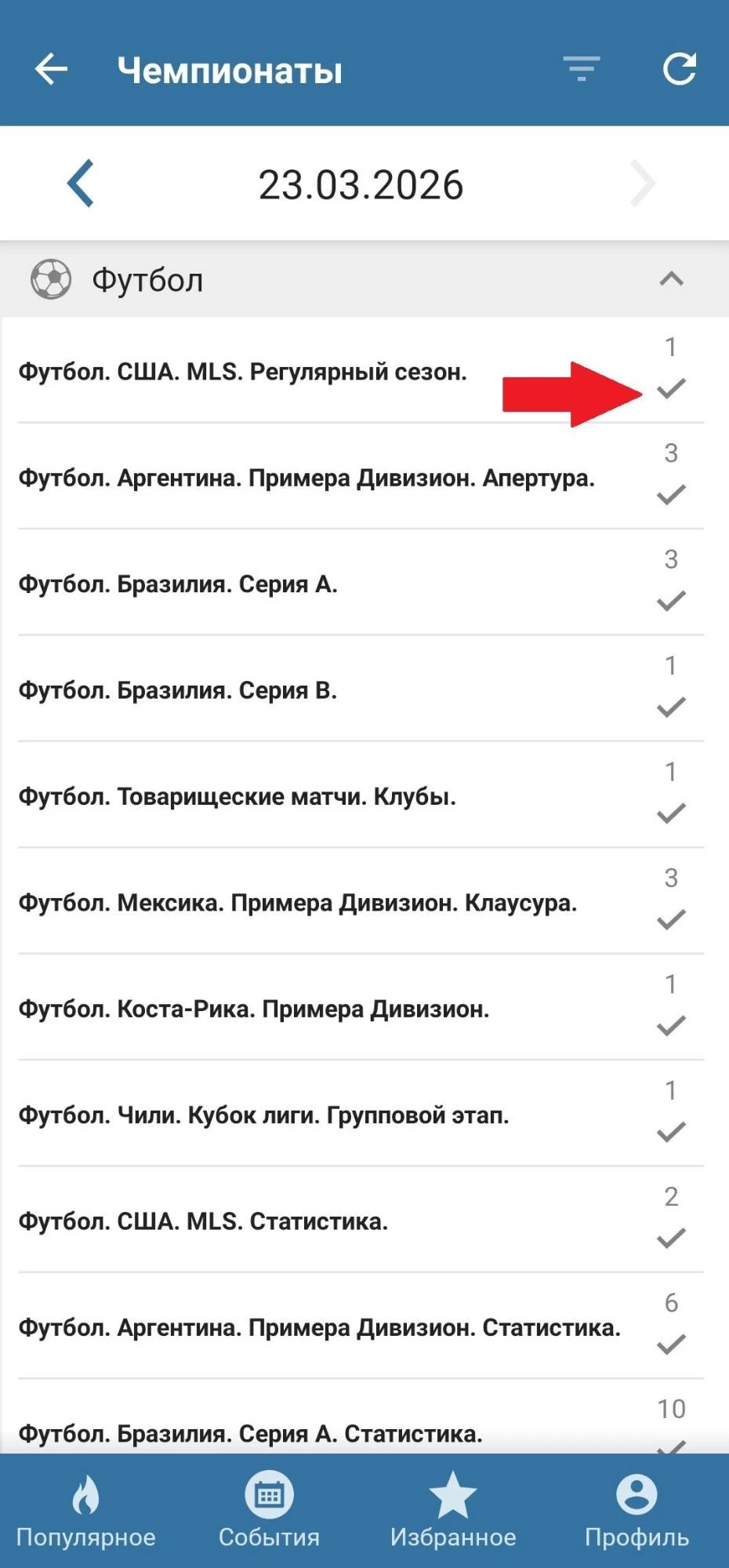 Выбор чемпионата в приложении БК Бетсити