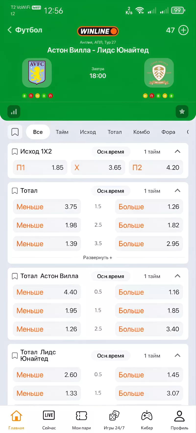 Роспись линии в БК Винлайн