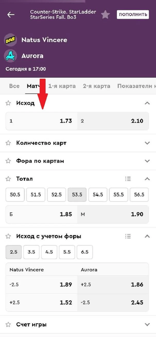 Выбор исхода в приложении БК Пари