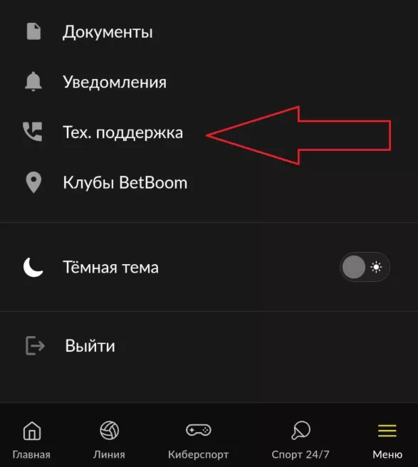 Техническая поддержка в приложении БК Бетбум