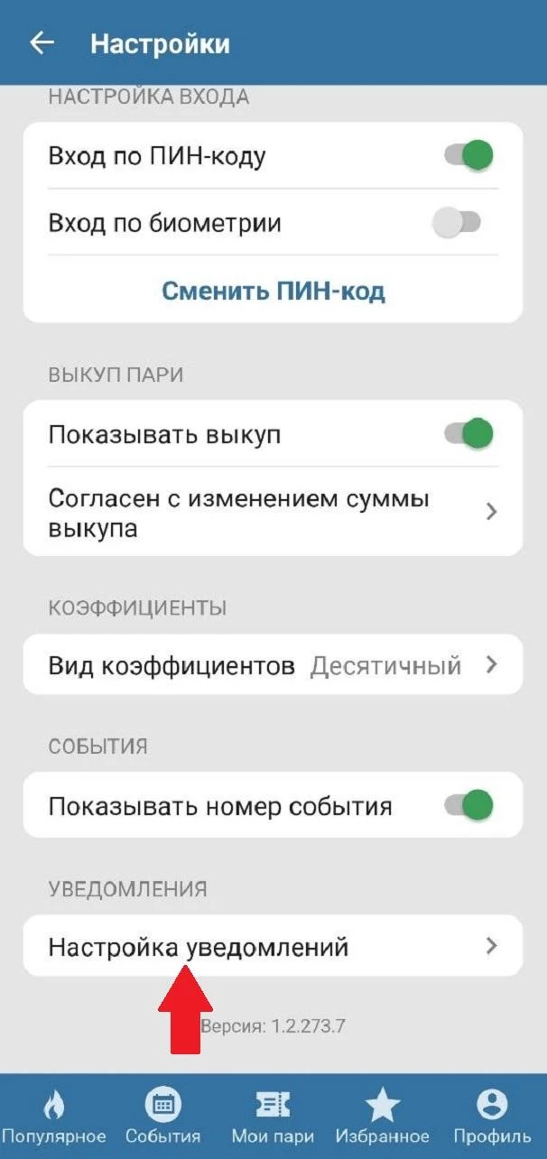 Вкладка Настройка уведомлений в БК Бетсити