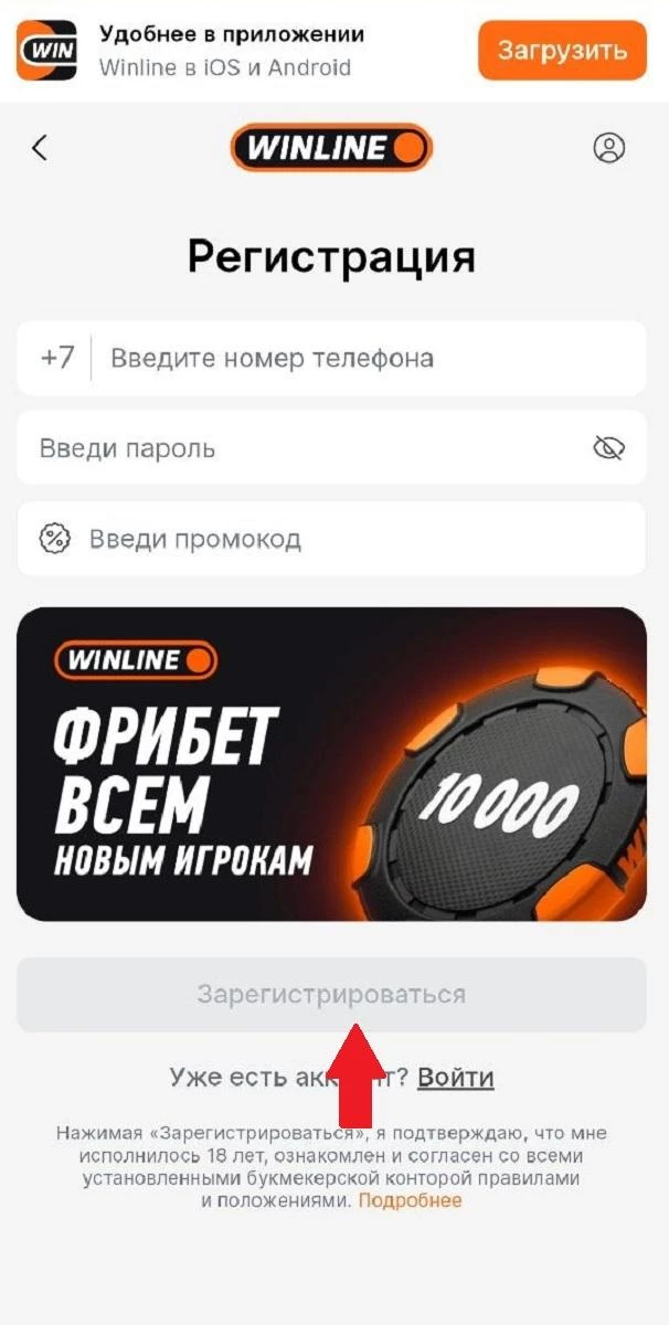 Подтверждение регистрации в мобильной версии БК Винлайн