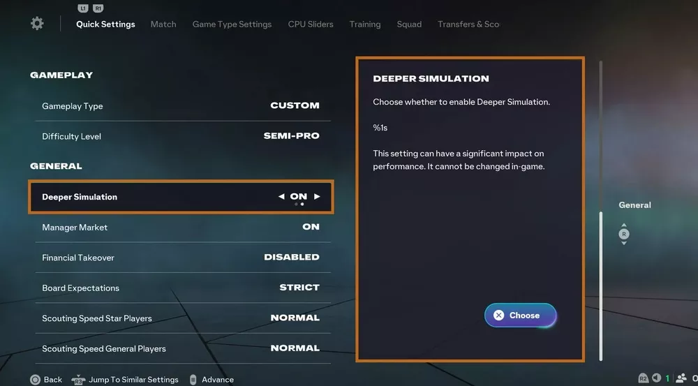 Настройка углубленной симуляции EA Sports FC 26