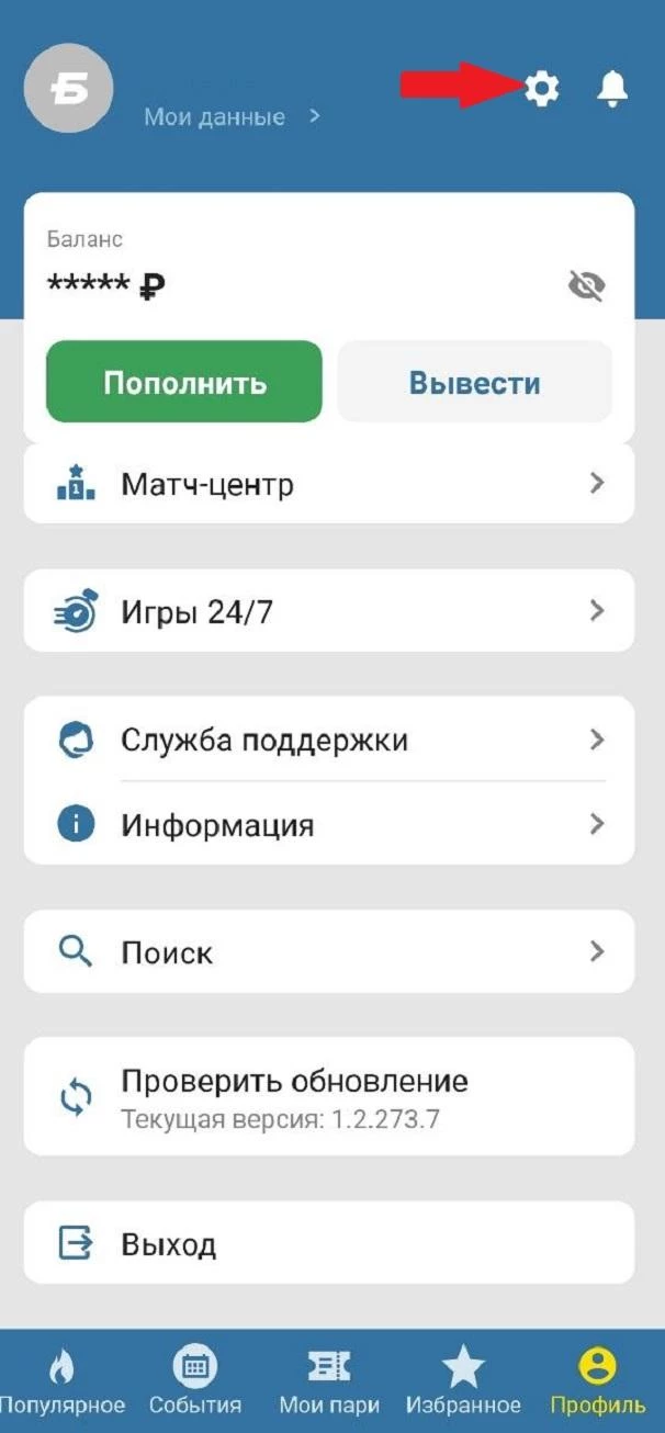 Кнопка для входа в настройки БК Бетсити
