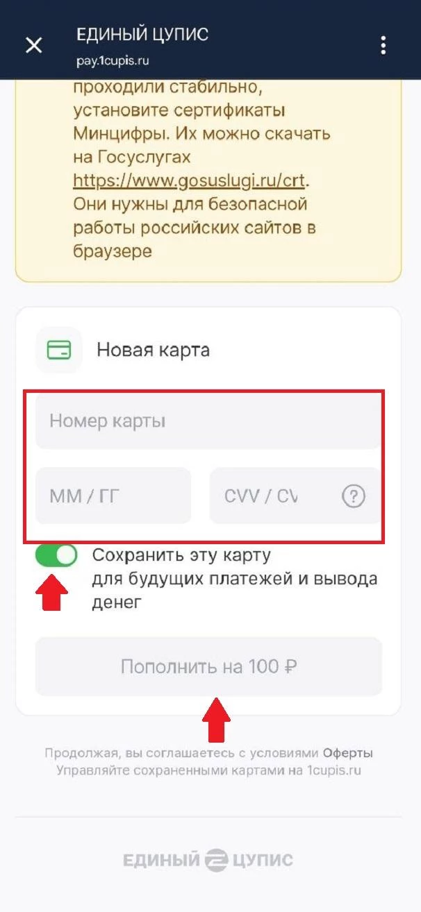 Ввод реквизитов карты для пополнения в БК 24Бет