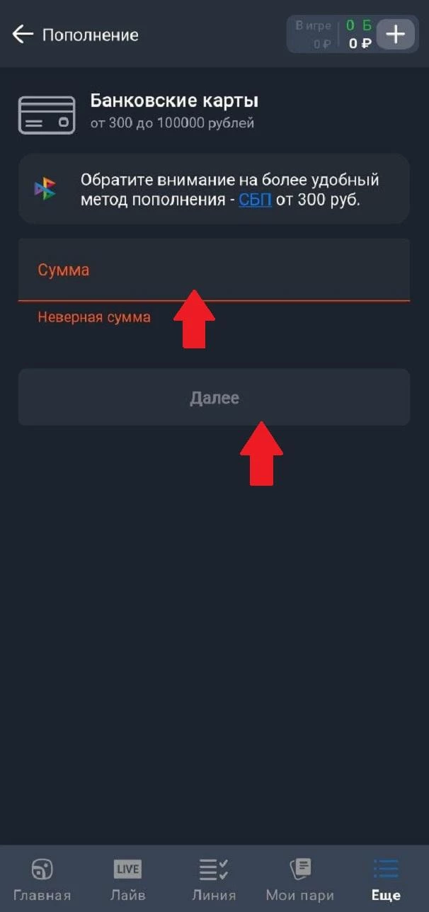 Поле для ввода суммы пополнения в БК Балтбет