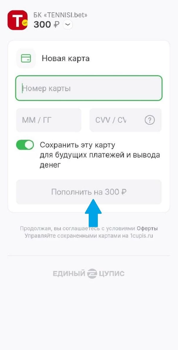 Форма для заполнения реквизитов в БК Тенниси