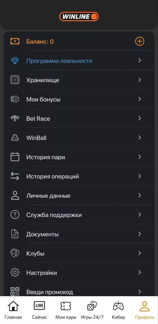 Меню в мобильном приложении БК Винлайн