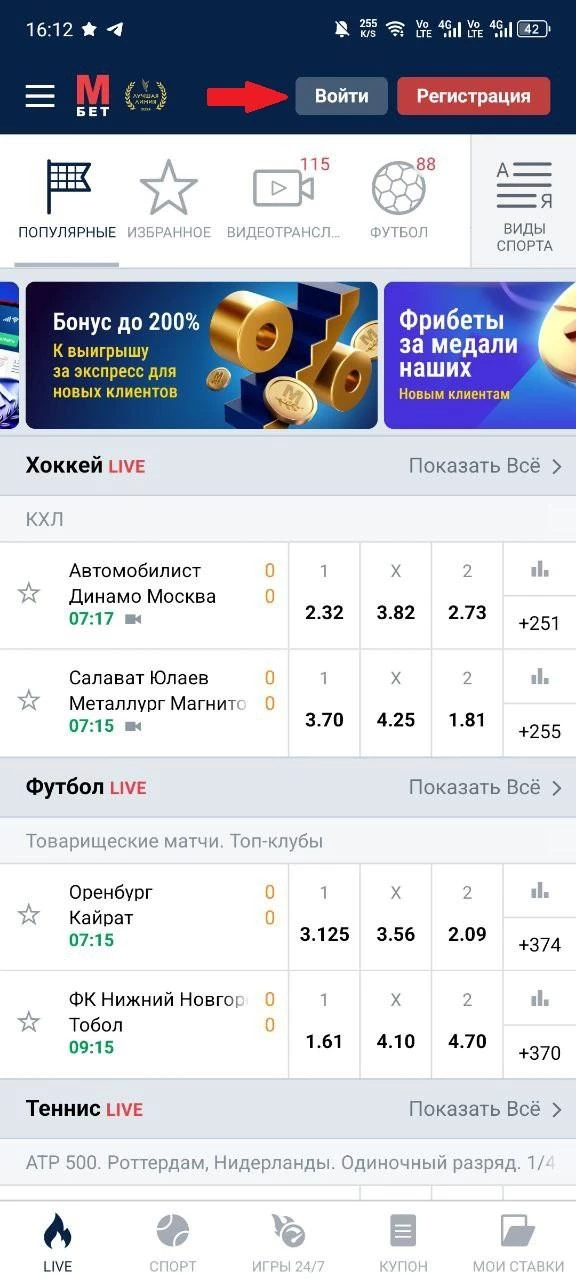 Кнопка Войти в приложении БК Марафон