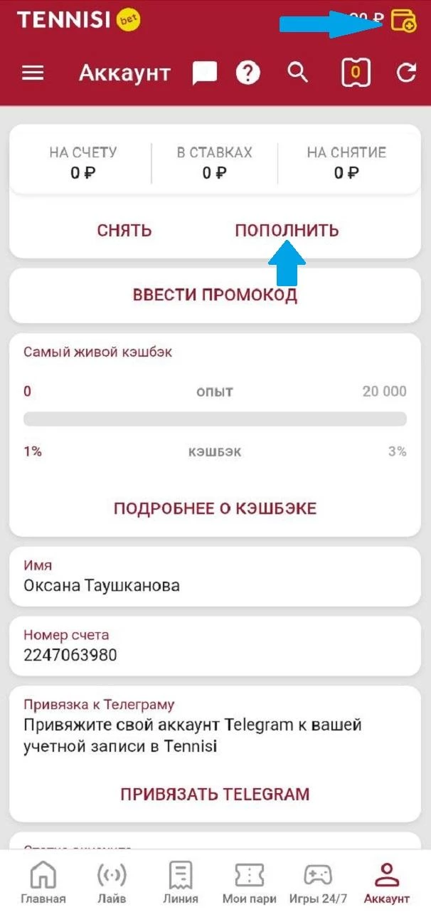 Кнопка Пополнить в БК Тенниси