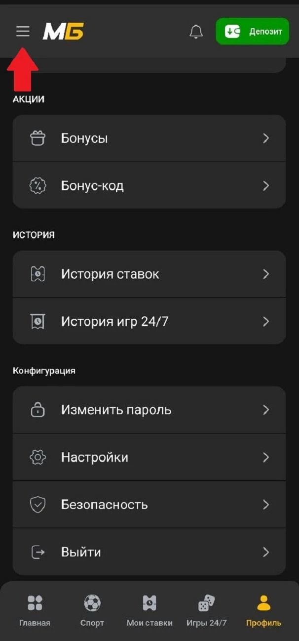 Меню в приложении БК Мелбет