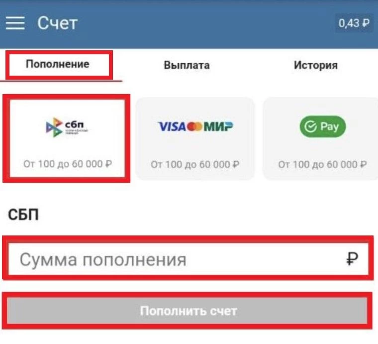 Пополнение счета БК Бетсити через СБП