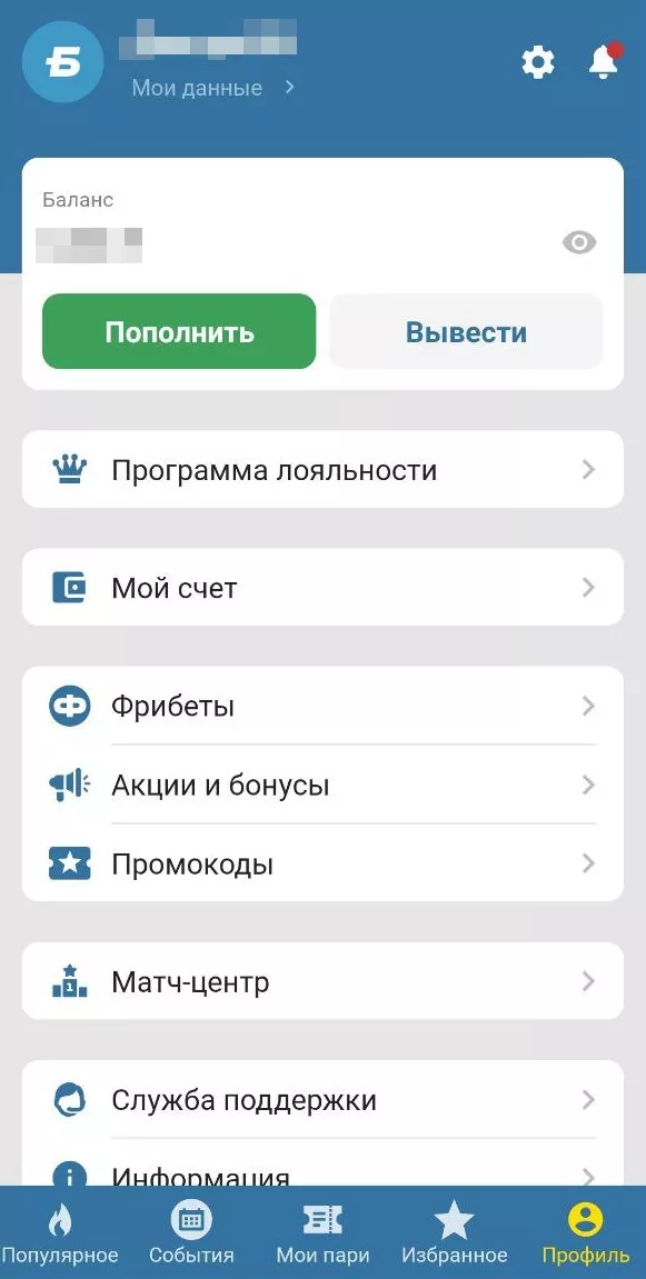 Меню в БК Бетсити