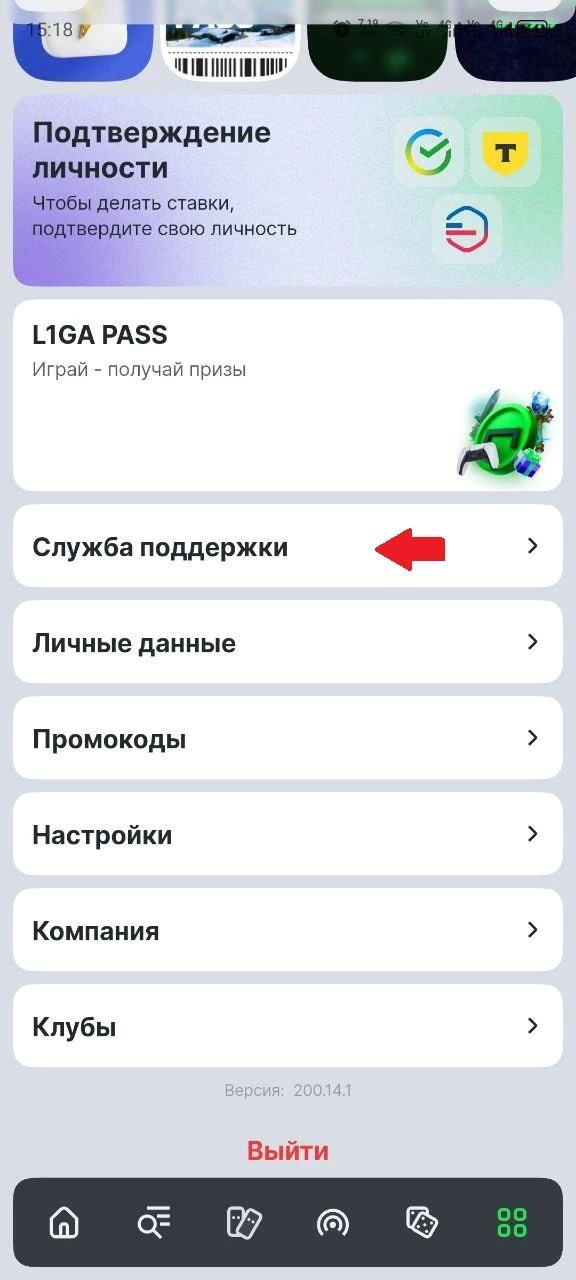 Чат с поддержкой в мобильном приложении БК Лига Ставок