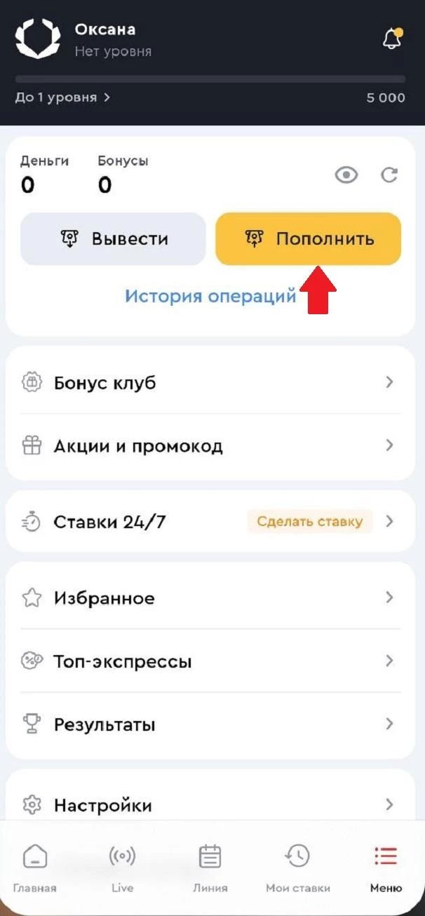 Кнопка Пополнить в БК Олимпбет