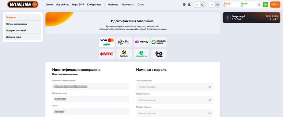 Результат идентификации в БК Винлайн