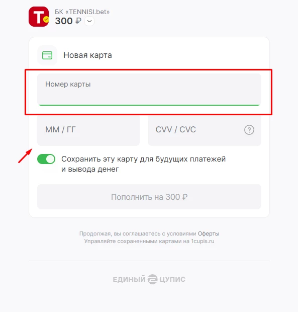Заполнение реквизитов карты в БК Тенниси