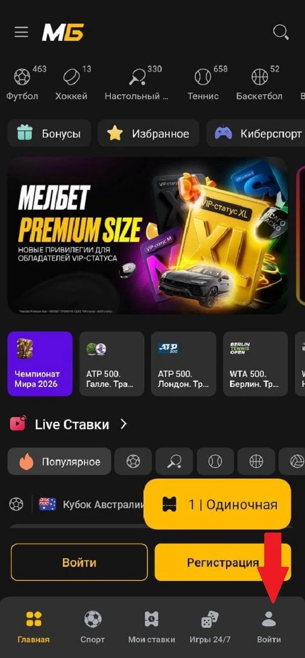 Кнопка Войти в приложении БК Мелбет