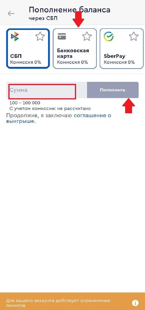 Выбор способа пополнения баланса в БК Фонбет