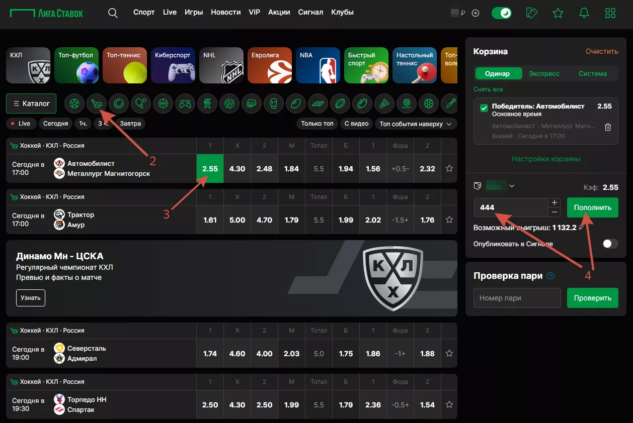 Совершение ставок в БК Лига Ставок