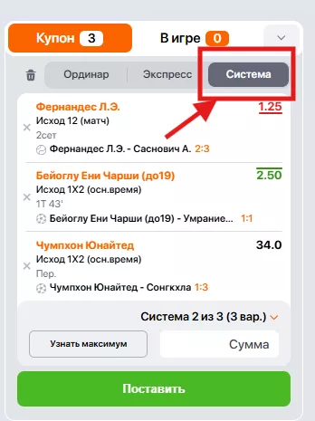 Выбор Системы в купоне БК Винлайн