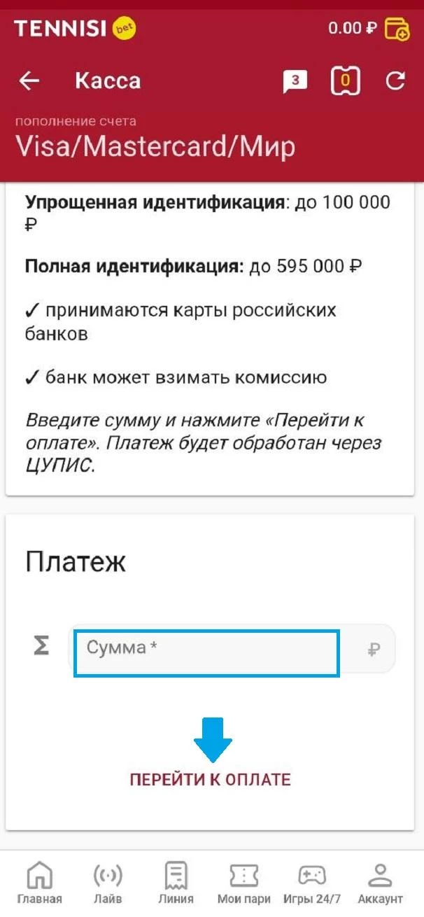 Форма для пополнения баланса в БК Тенниси