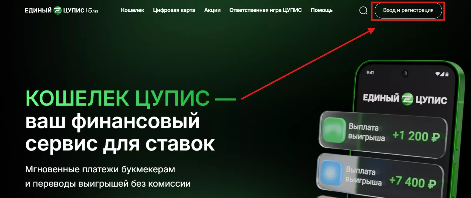 Кнопка Вход и регистрация на сайте ЦУПИС