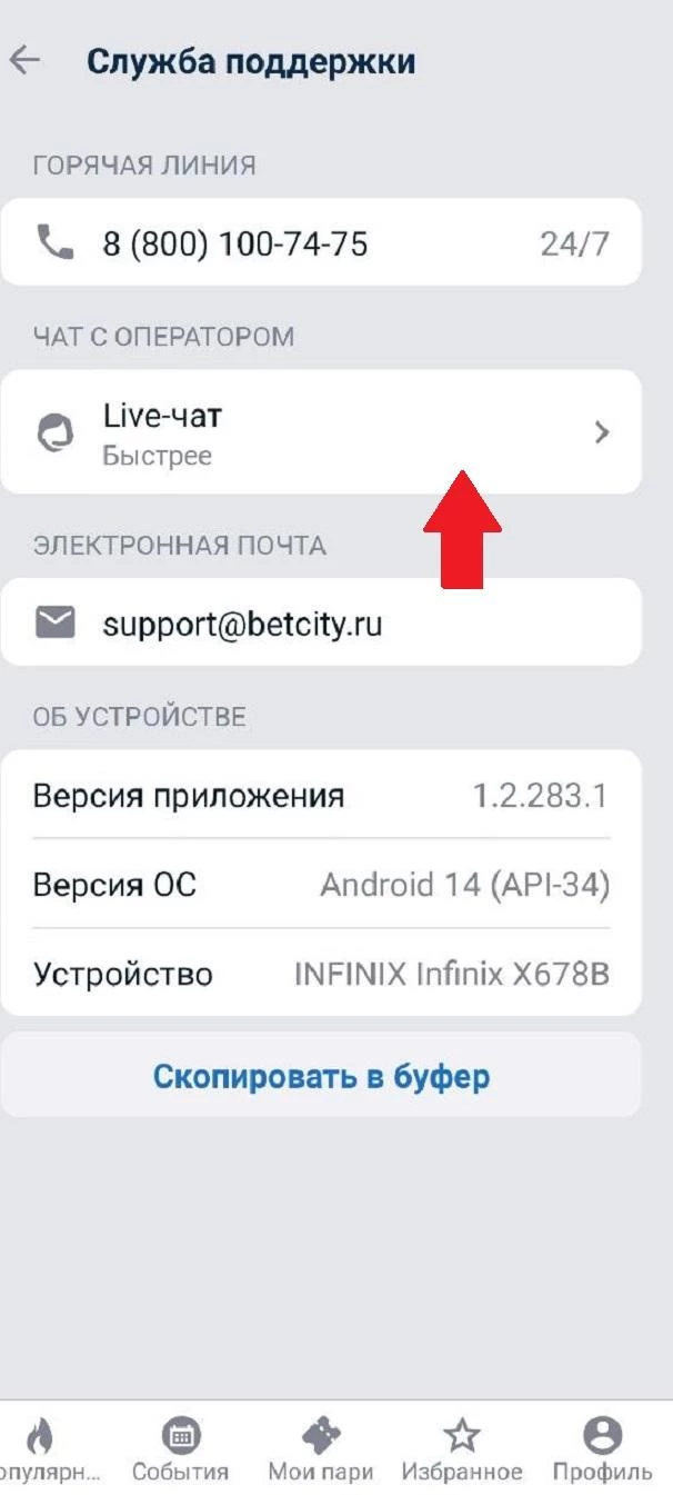 Раздел Онлайн-чат в БК Бетсити