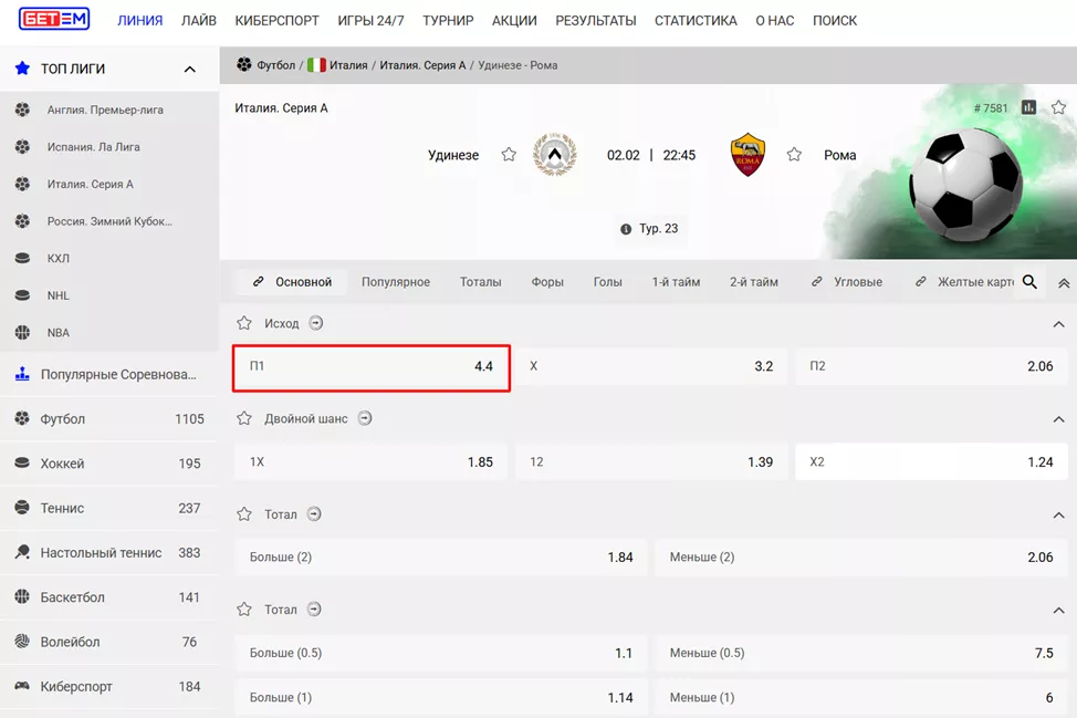 Выбор исхода для минимальной ставки в Бет-М