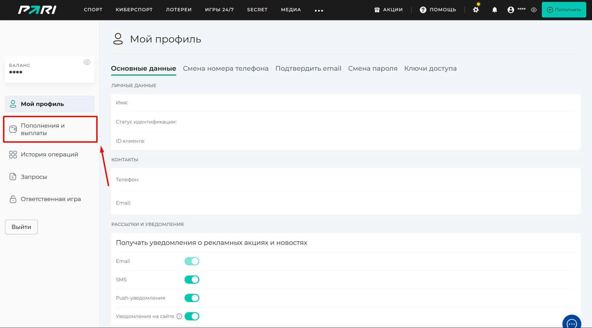 Раздел Пополнения и выплаты в БК Пари