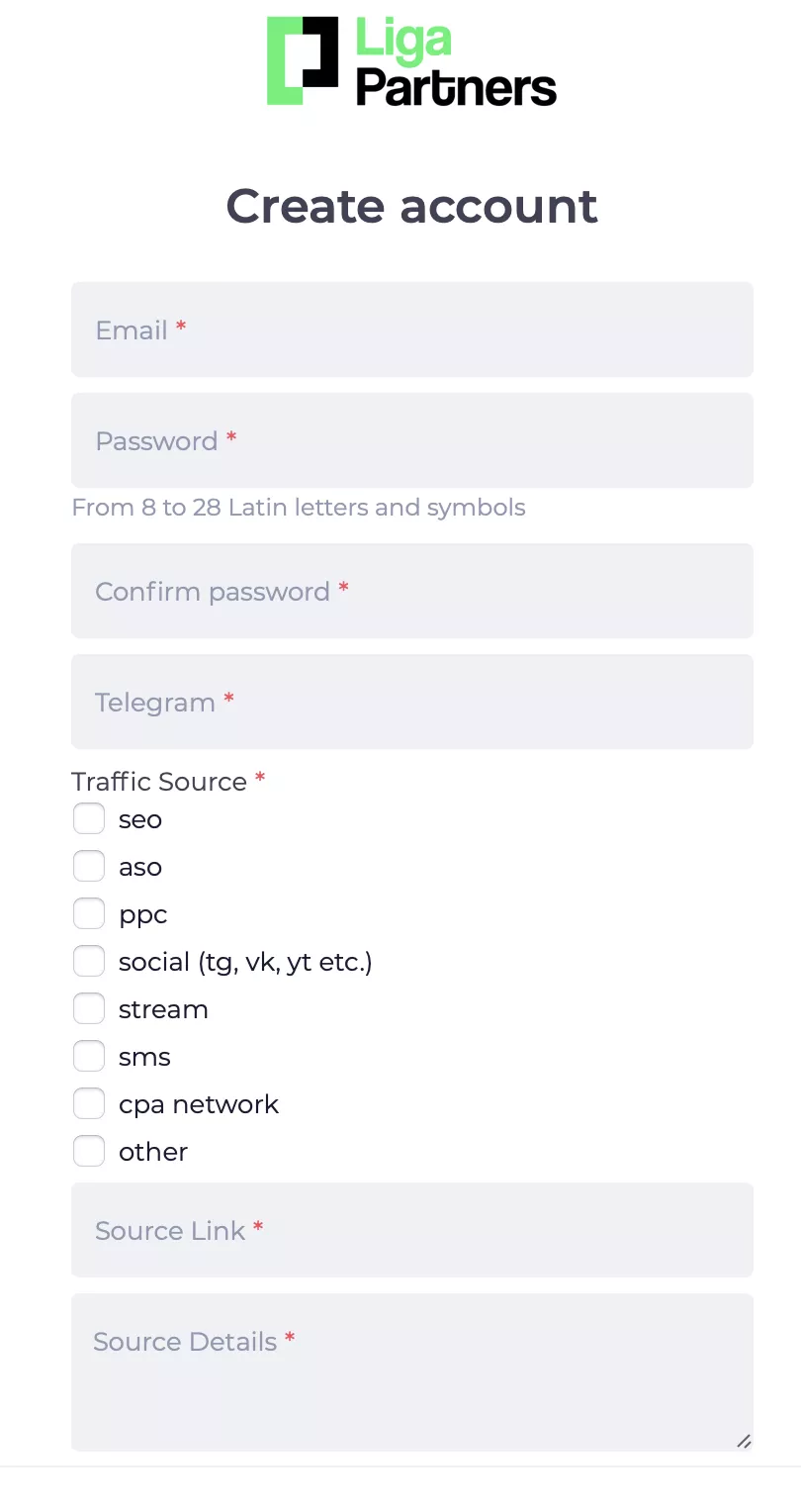 Форма регистрации в партнерской программе БК Лига Ставок