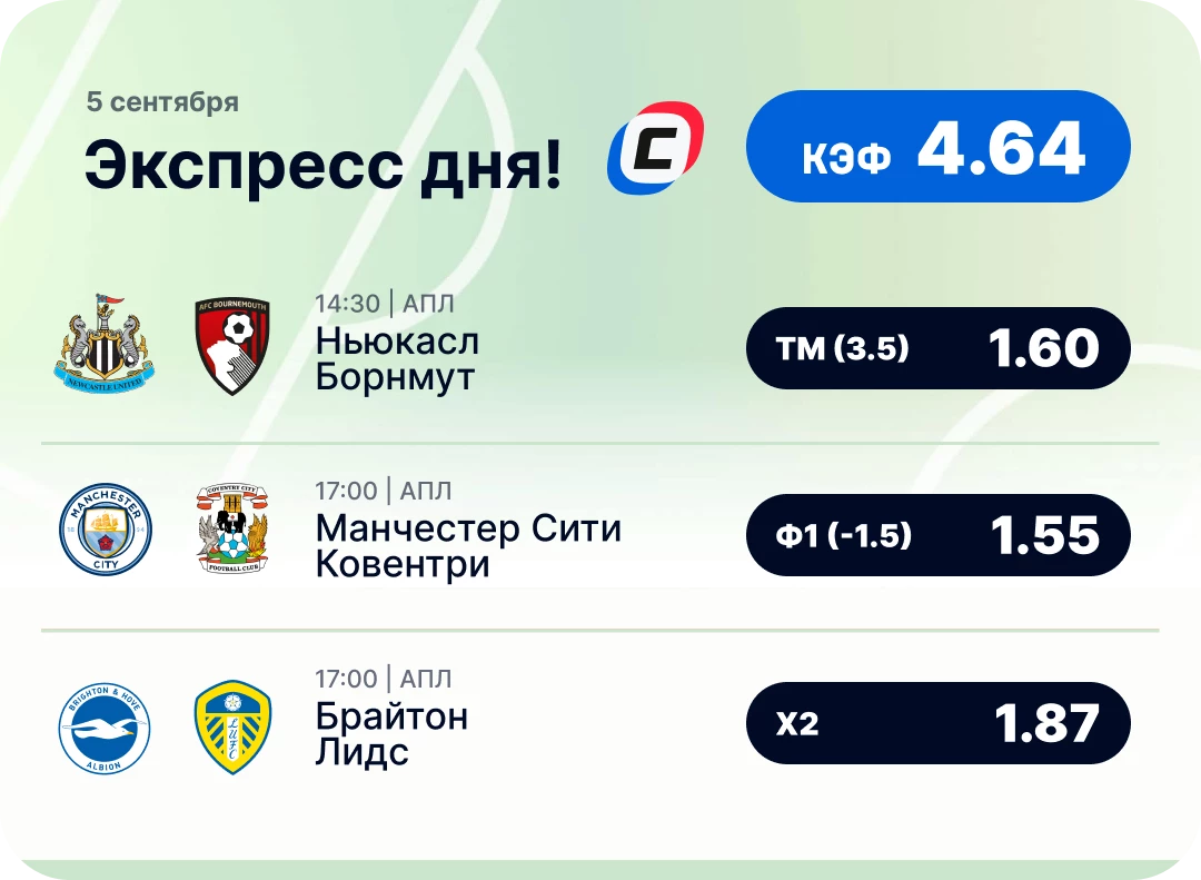 Экспресс на футбол от СТАВКА ТВ Футбольный экспресс дня на 5 сентября №1
