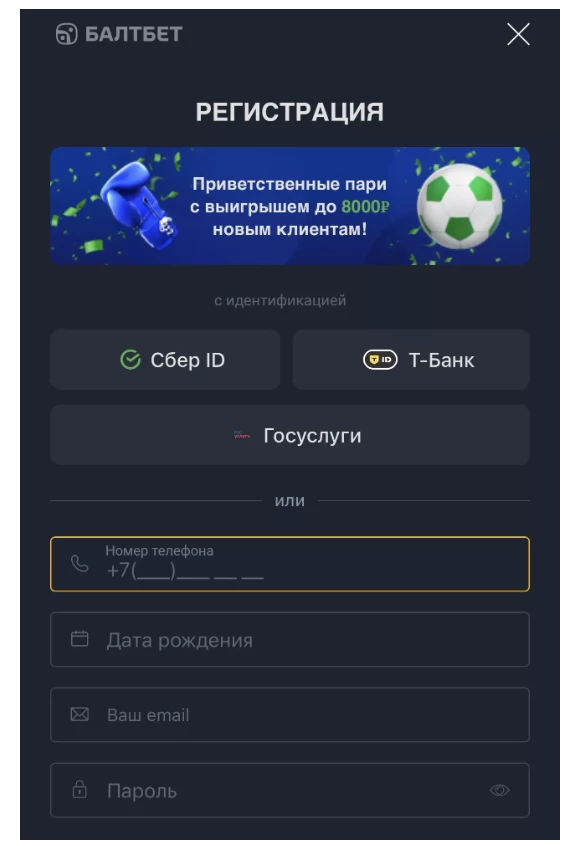 Регистрационная анкета в приложении БК Балтбет