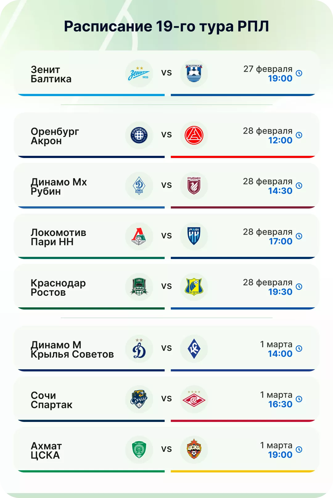 Расписание 19-го тура РПЛ