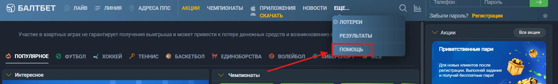 Раздел Помощь на сайте БК Балтбет