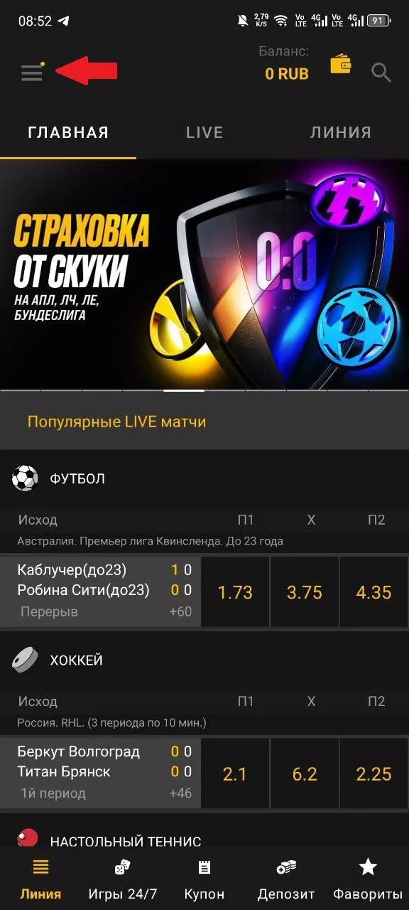 Меню в приложении БК Мелбет