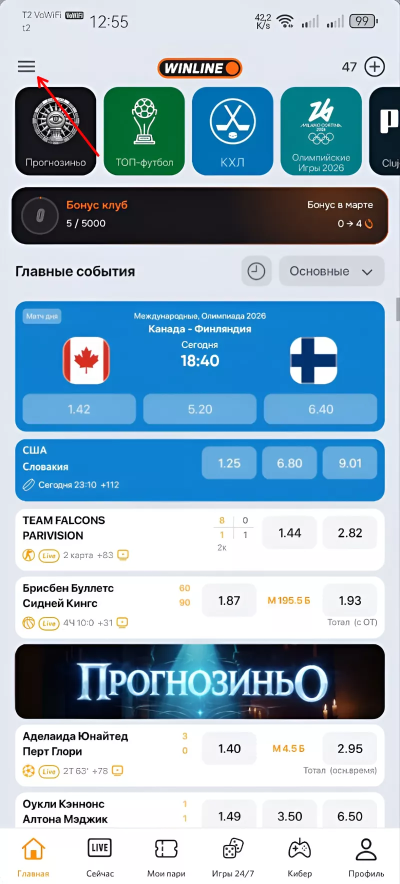 Вызов линии в мобильном приложении Винлайн