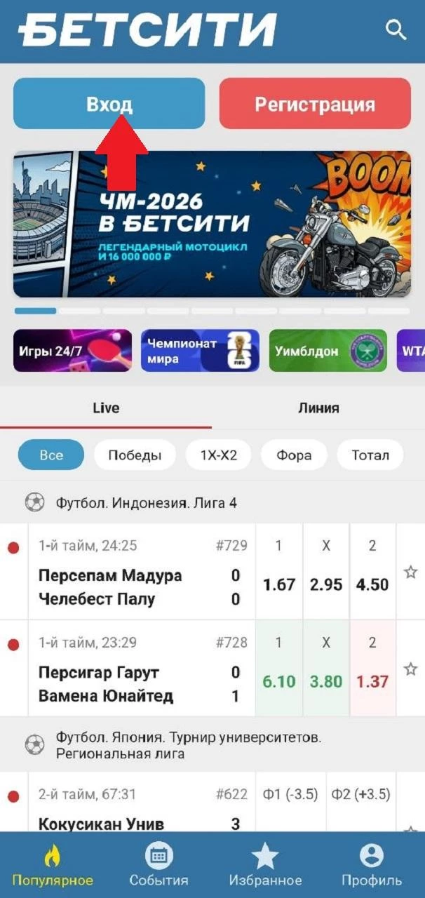 Кнопка Вход в мобильном приложении БК Бетсити