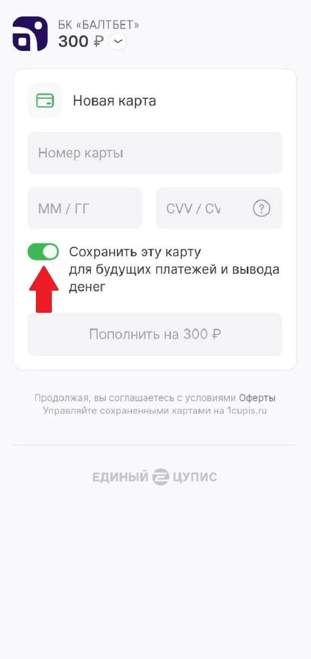 Форма для заполнения реквизитов карты в БК Балтбет