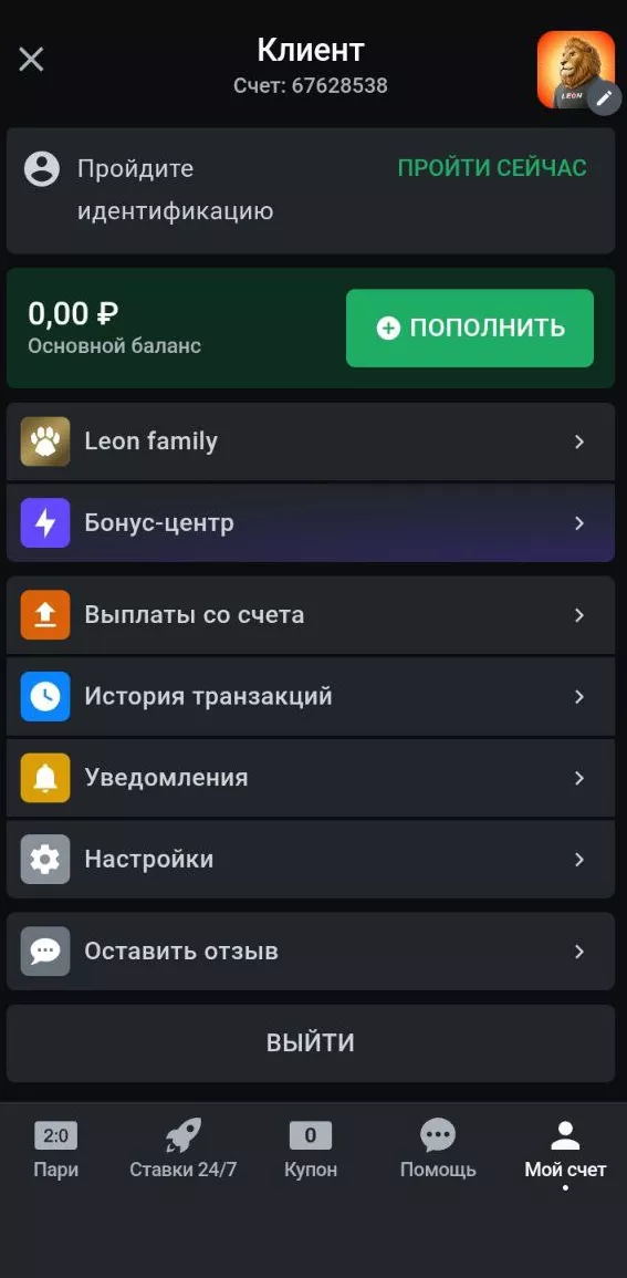 Вид профиля в мобильном приложении Леон