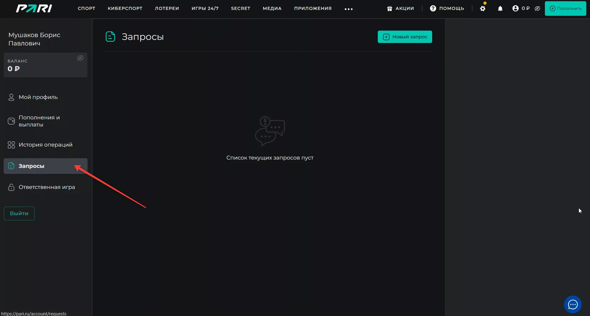 Запросы к Технической поддержке в БК Пари