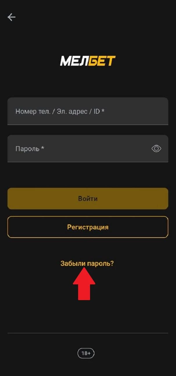 Кнопка Забыли пароль? в БК Мелбет