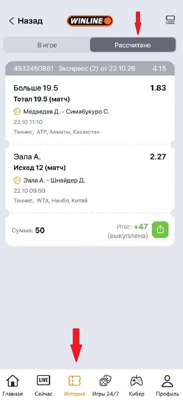 Вкладка Рассчитано в БК Винлайн