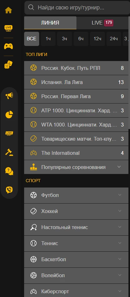 Лиги и виды спорта в БК Мелбет