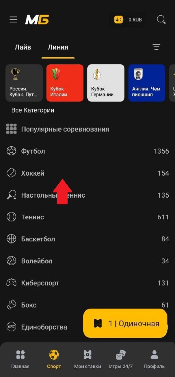 Выбор спортивной дисциплины в приложении БК Мелбет